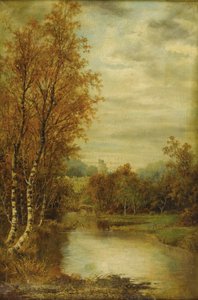 Autumn Landscape with Pond and Castle Tower